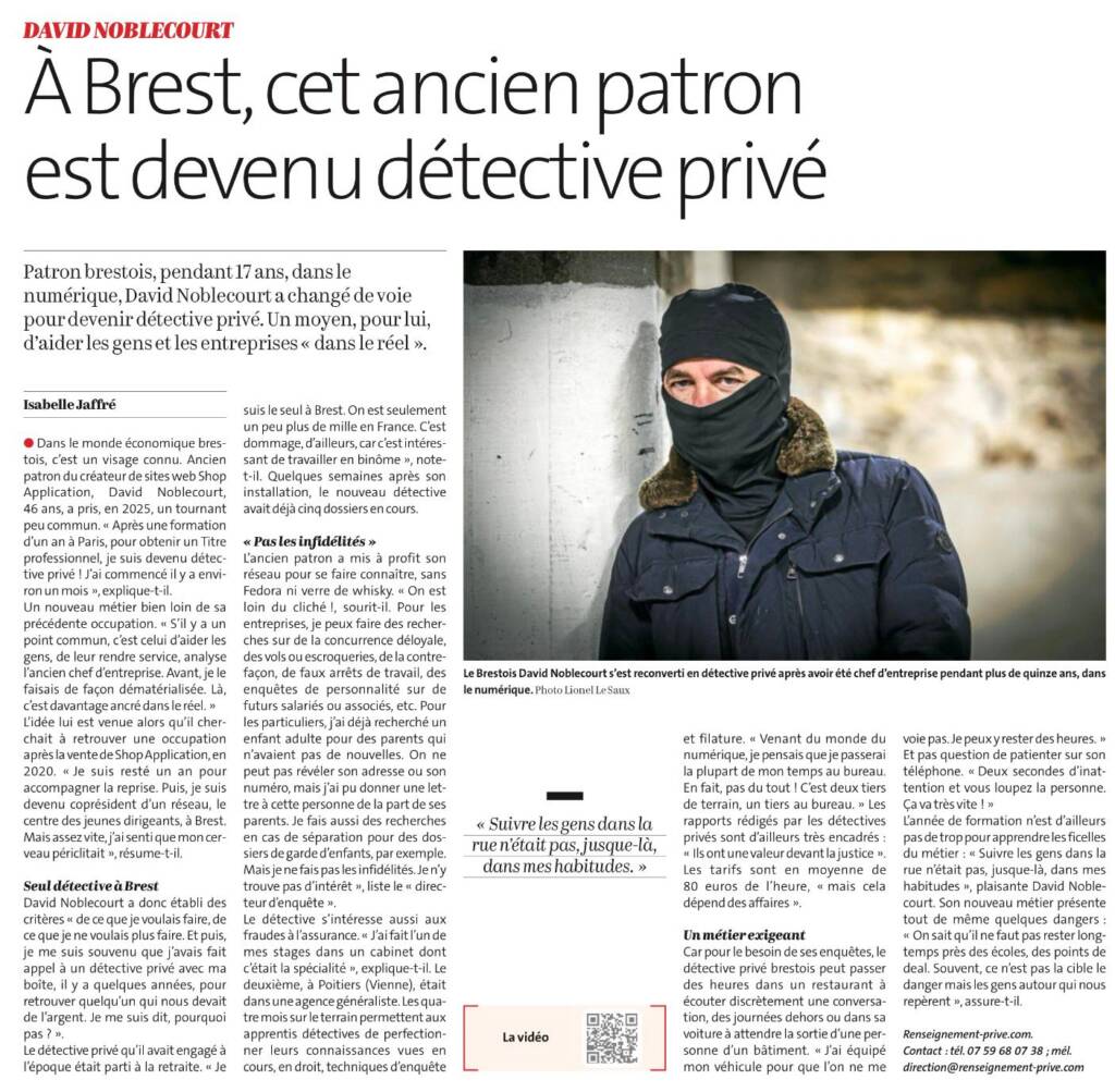 Article Le Télégramme – David Noblecourt, détective privé à Brest